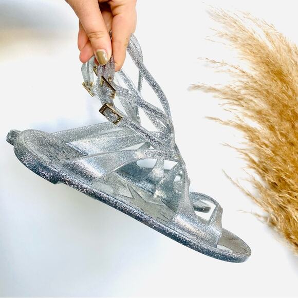 NEW JIMMY CHOO Lance Jelly Gladiator Silver Sparkle Double Strap Sandals 40 10 - Picture 9 of 15